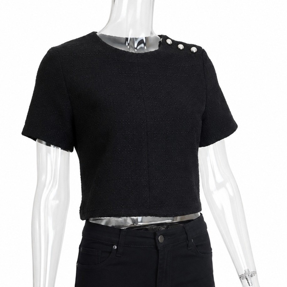 H&M Black Bouclé Short Sleeve Button Shoulder Crop Top SKUW773